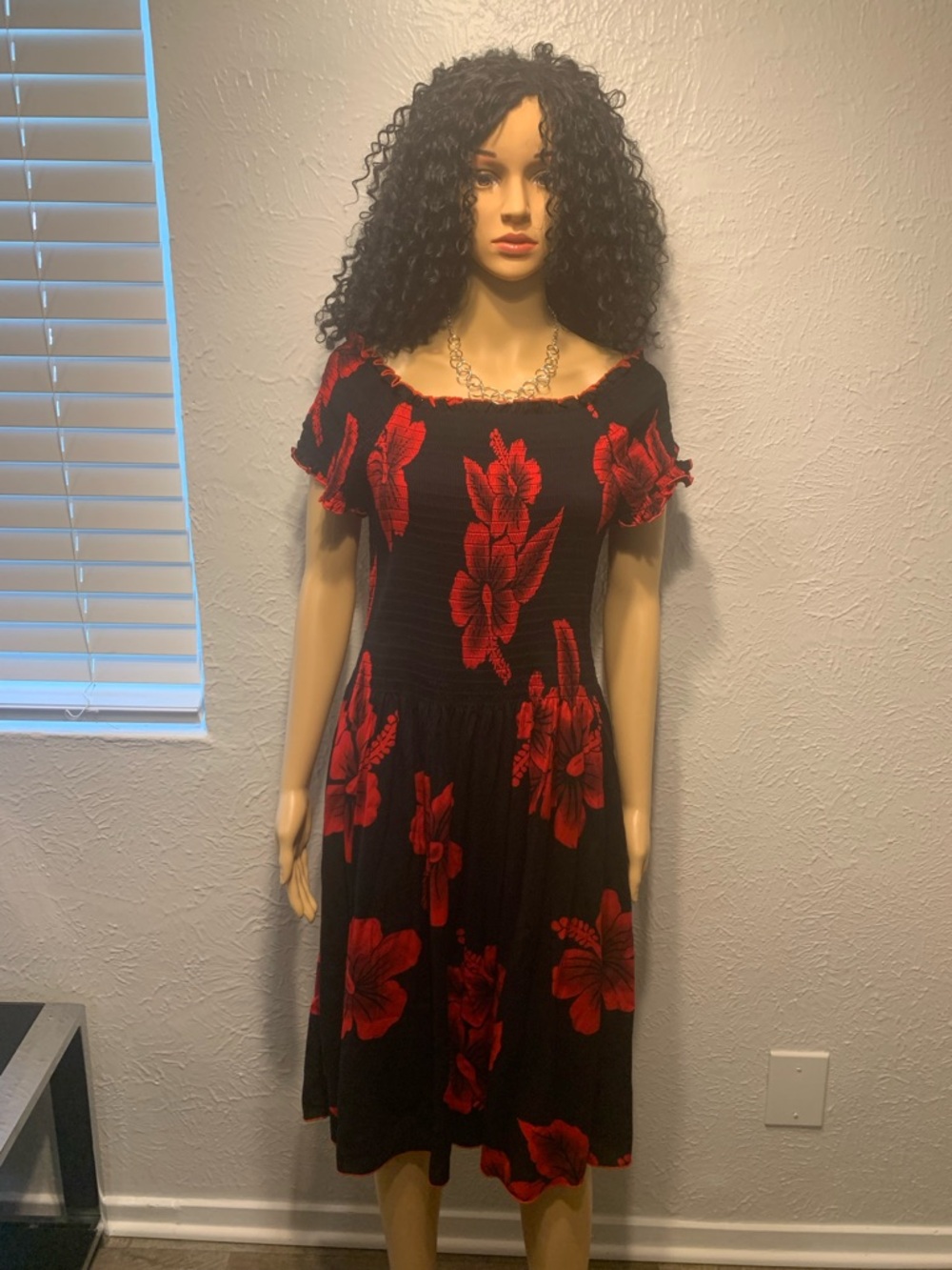 Black Dress with Red Floral Print - Women’s Off-Shoulder Casual Dress